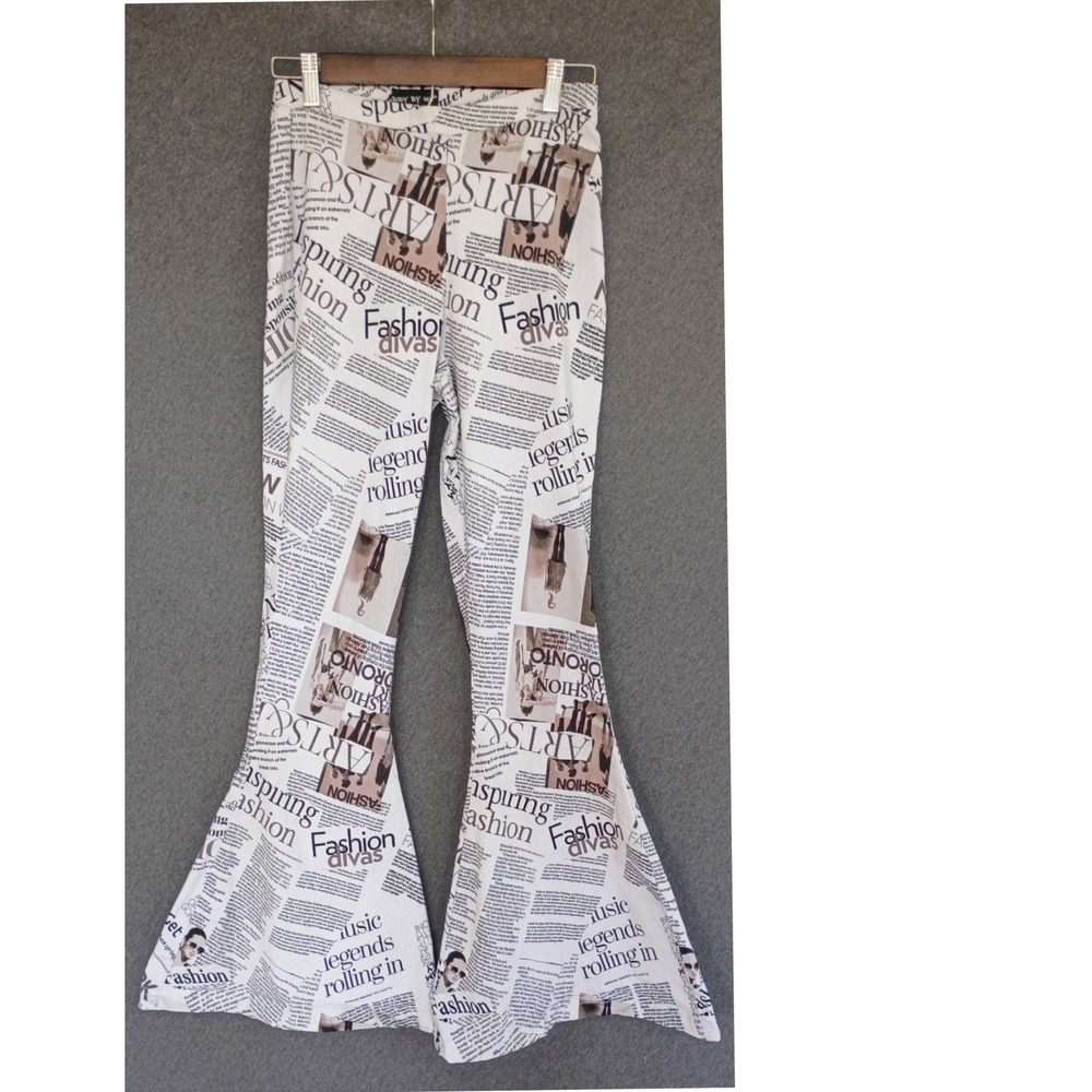 Body By Us Newspaper Print Flare Black White Pants Bell Bottom S Pull On Stretch